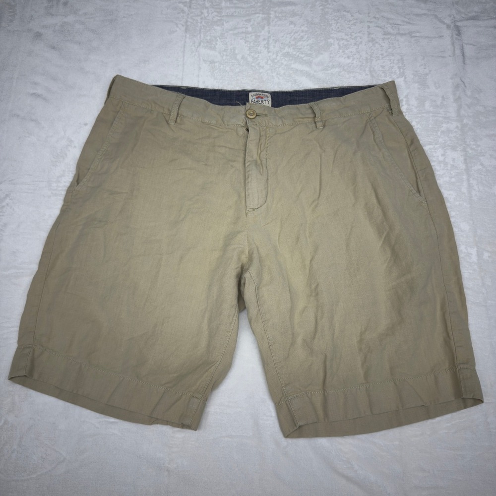 Faherty Shorts Mens 33 Tan Khaki Linen Blend Chino Preppy Beach Casual
